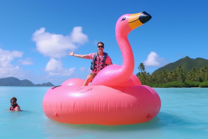 Man on giant inflatable flamingo