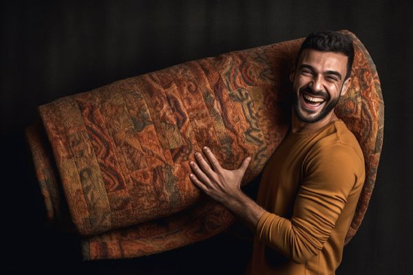 man happy with rug