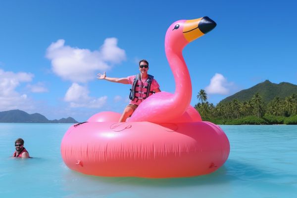 Man on giant inflatable flamingo